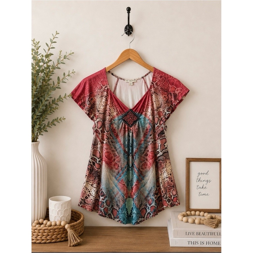 Live and Let‎ Live Medium Boho Snake Print Top Embellished Neck Flutter Sleeve